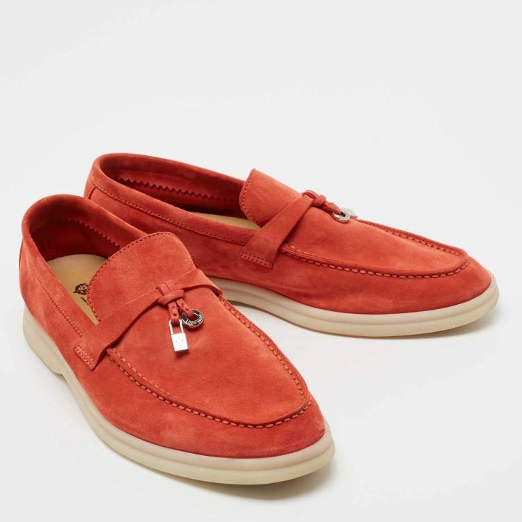 Pre Owned Loro Piana Coral Orange Suede Summer Charms Walk Loafers Size 37