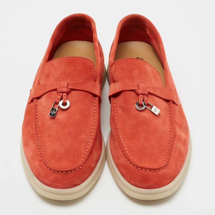 Pre Owned Loro Piana Coral Orange Suede Summer Charms Walk Loafers Size 37