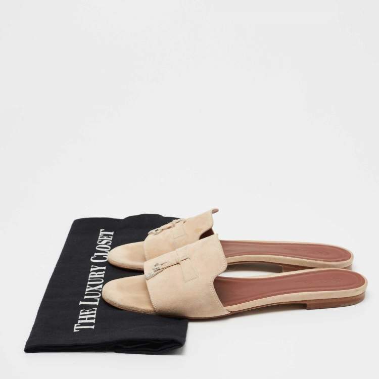 Pre Owned Loro Piana Beige Suede Summer Charms Flat Slides Size 39.5