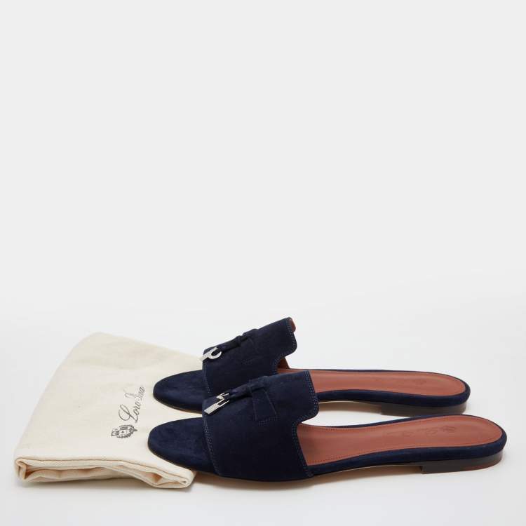 Pre Owned Loro Piana Navy Blue Suede Summer Charms Flat Slides Size 37