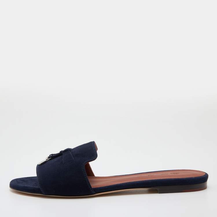 Loro Piana Navy Blue Suede Summer Charms Flat Slides Size 37 Loro Piana The Luxury Closet