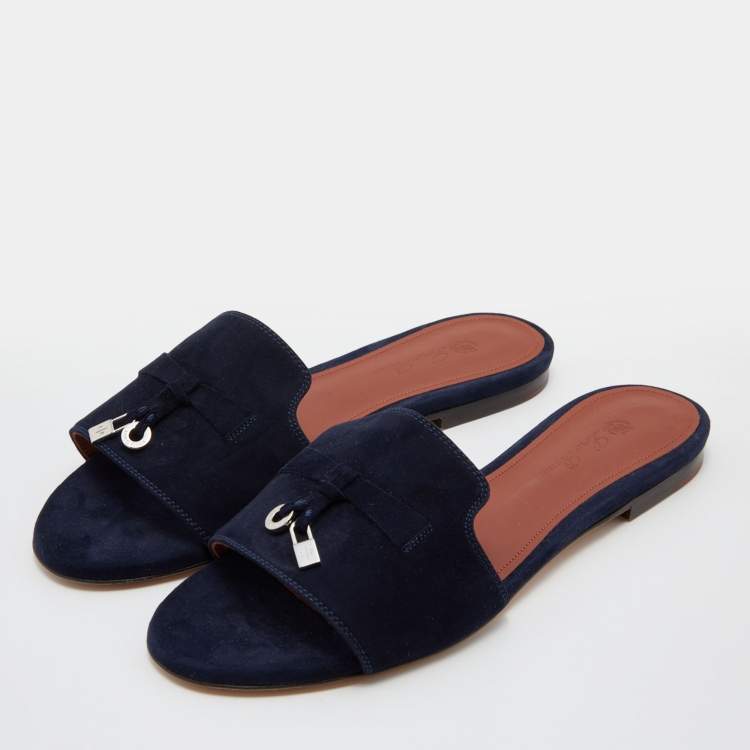 Pre Owned Loro Piana Navy Blue Suede Summer Charms Flat Slides Size 37