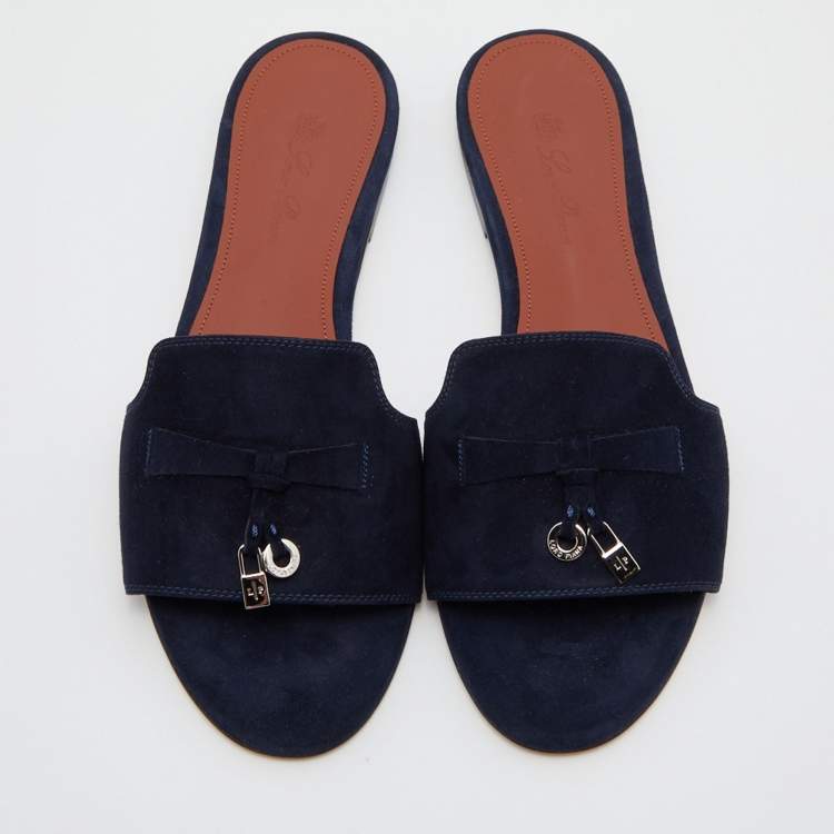 Pre Owned Loro Piana Navy Blue Suede Summer Charms Flat Slides Size 37