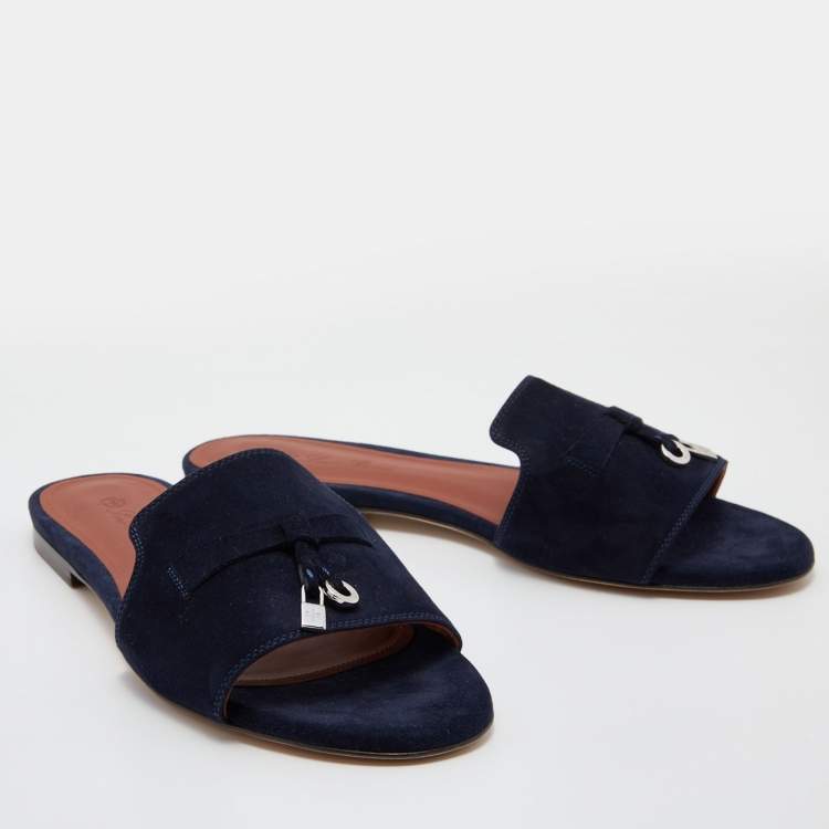 Pre Owned Loro Piana Navy Blue Suede Summer Charms Flat Slides Size 37