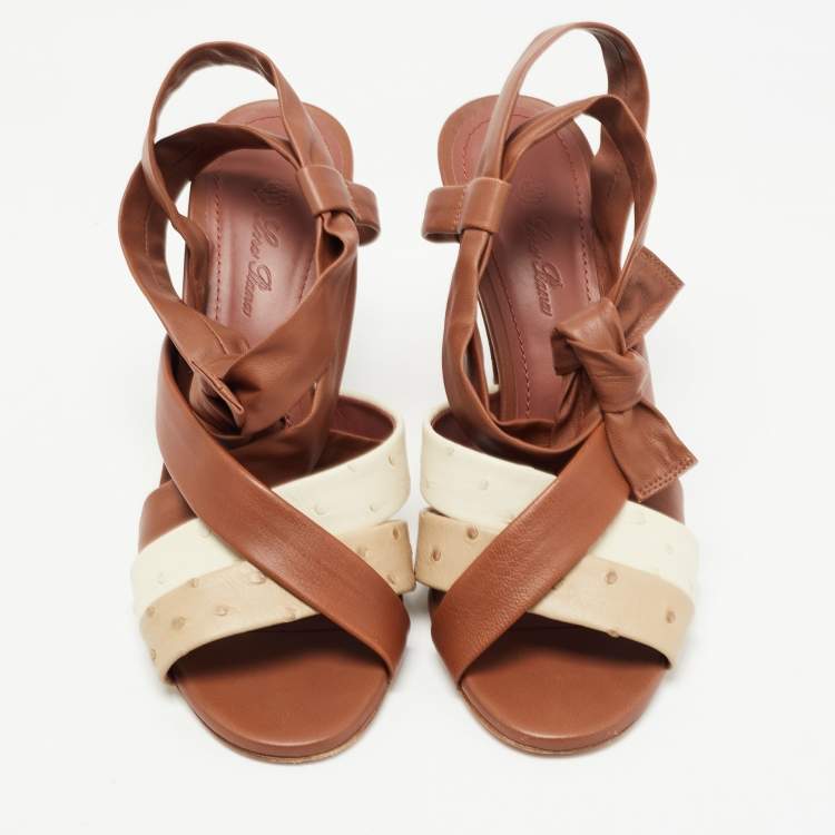 Pre Owned Loro Piana Multicolor Ostrich Leather and Leather Ankle Wrap Sandals Size 38
