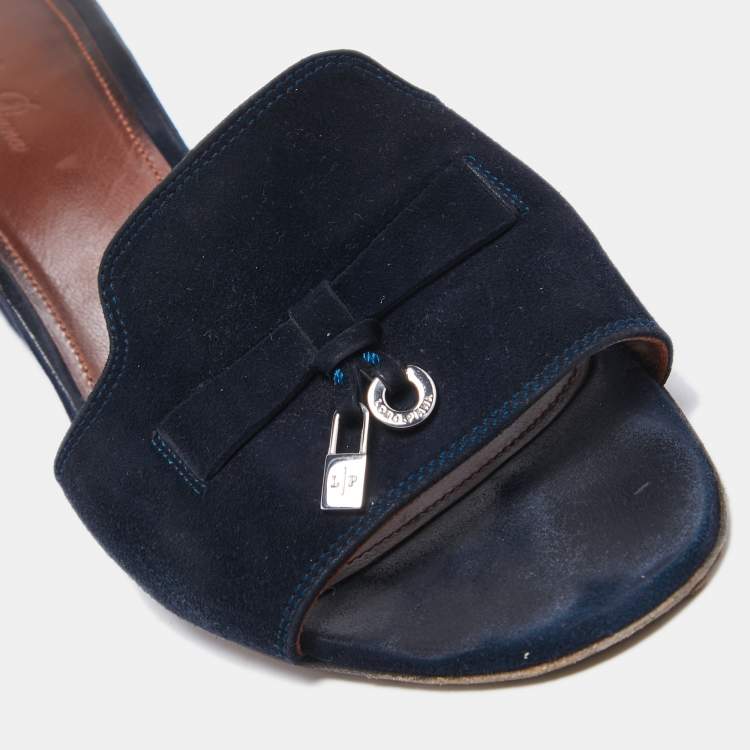 Pre Owned Loro Piana Navy Blue Suede Summer Charms Slide Sandals Size 38.5