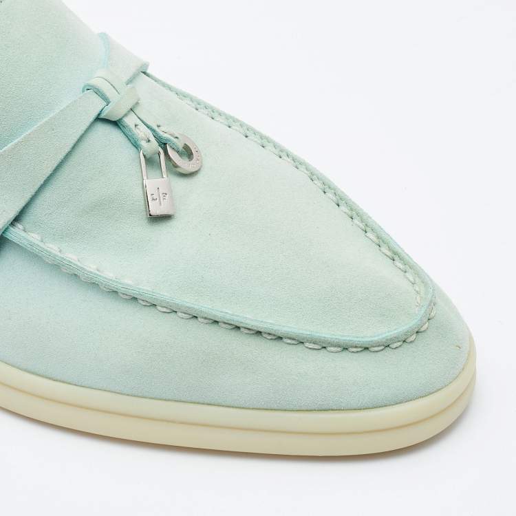 Pre Owned Loro Piana Mint Green Suede Summer Charms Walk Slip On Loafers Size 37