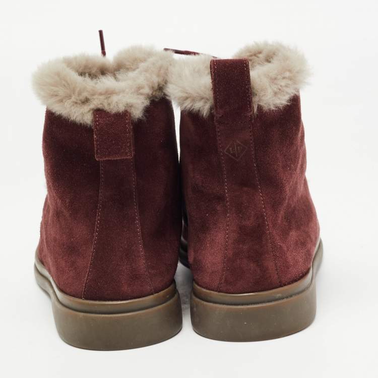 Pre Owned Loro Piana Burgundy Suede and Fur Open Walk Ankle Boots Size 38
