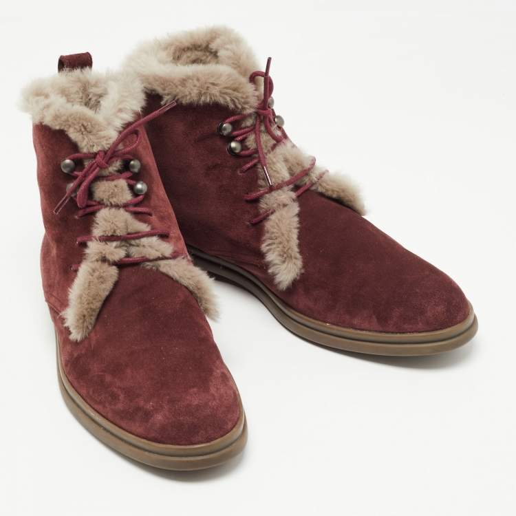 Pre Owned Loro Piana Burgundy Suede and Fur Open Walk Ankle Boots Size 38