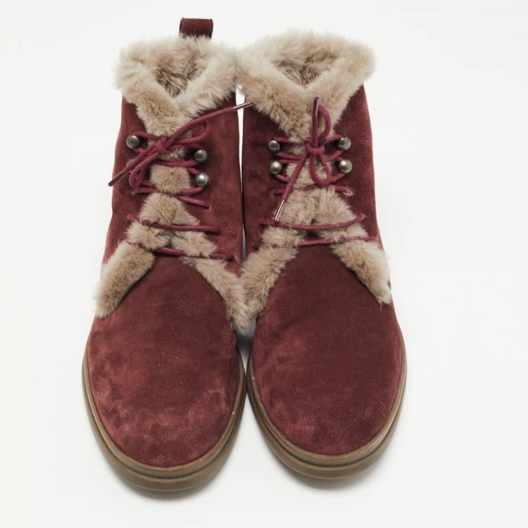 Pre Owned Loro Piana Burgundy Suede and Fur Open Walk Ankle Boots Size 38
