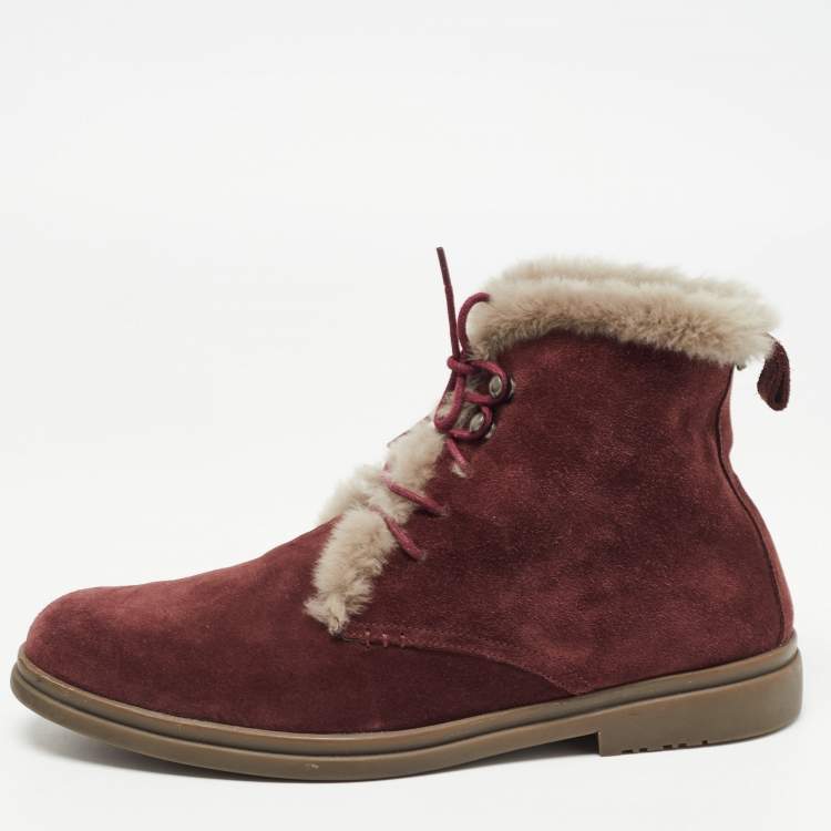 Pre Owned Loro Piana Burgundy Suede and Fur Open Walk Ankle Boots Size 38