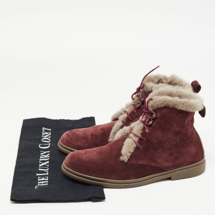 Pre Owned Loro Piana Burgundy Suede and Fur Open Walk Ankle Boots Size 38