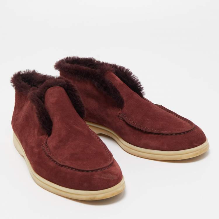 مملوكة مسبقًا Loro Piana Burgundy Fur and Suede Open Walk Chukka Boots Size 38