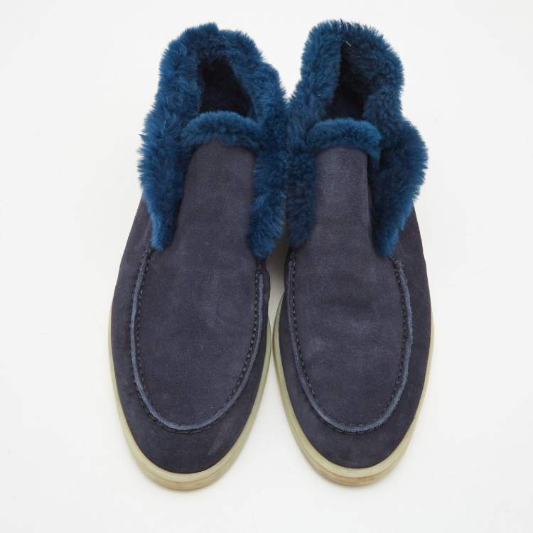 Pre Owned Loro Piana Navy Blue Suede and Fur Trim Open Walk Chukka Boots Size 38