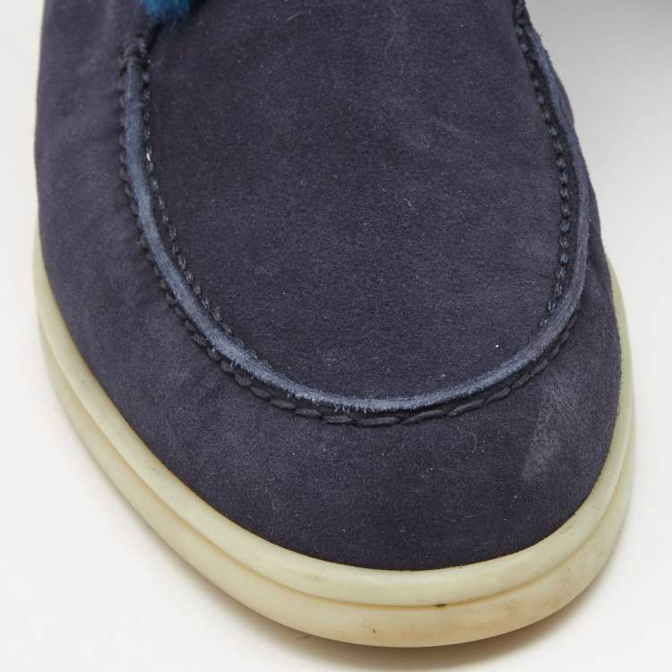 Pre Owned Loro Piana Navy Blue Suede and Fur Trim Open Walk Chukka Boots Size 38