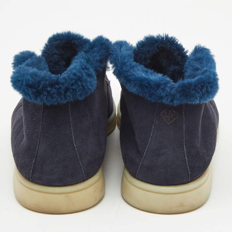 Pre Owned Loro Piana Navy Blue Suede and Fur Trim Open Walk Chukka Boots Size 38