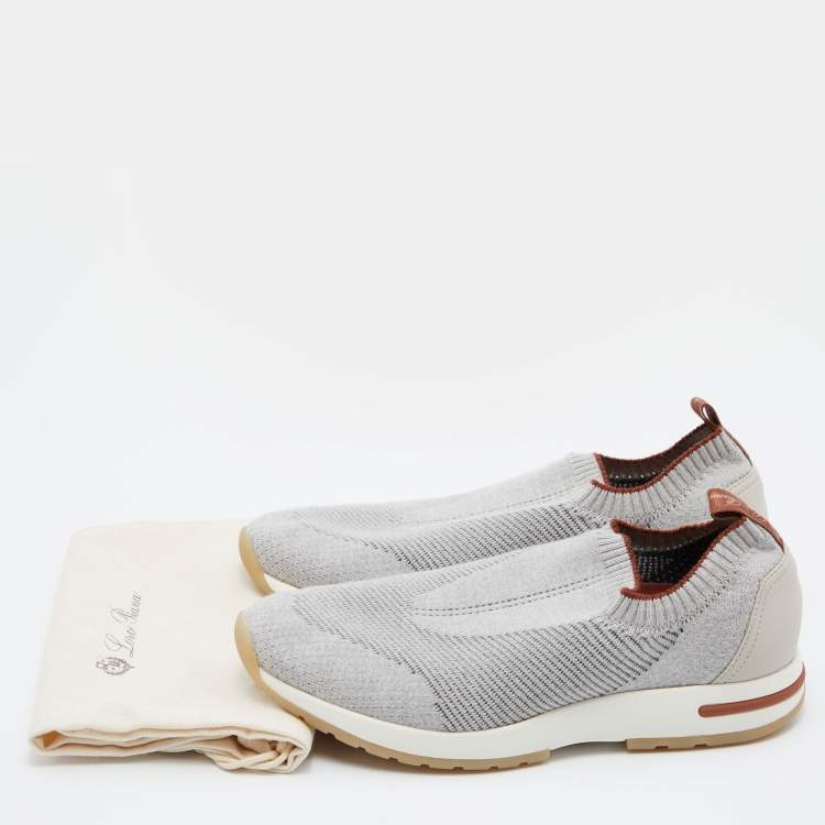 Pre Owned Loro Piana Grey Knit Fabric 360 LP Flexy Walk Slip On Sneakers Size 38