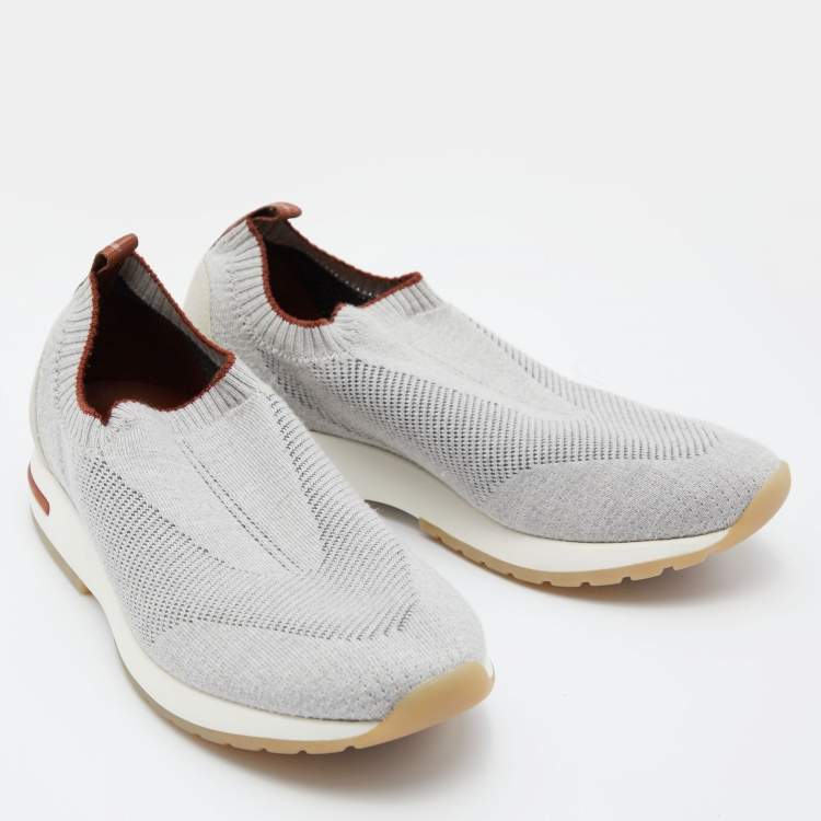 Pre Owned Loro Piana Grey Knit Fabric 360 LP Flexy Walk Slip On Sneakers Size 38