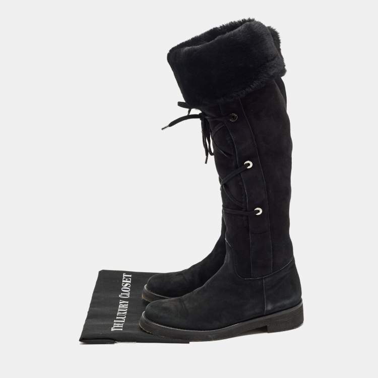 Pre Owned Loro Piana Black Suede and Fur Knee Length Flat Boots Size 40