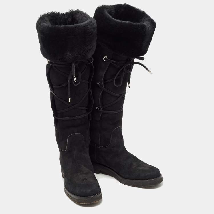 Pre Owned Loro Piana Black Suede and Fur Knee Length Flat Boots Size 40