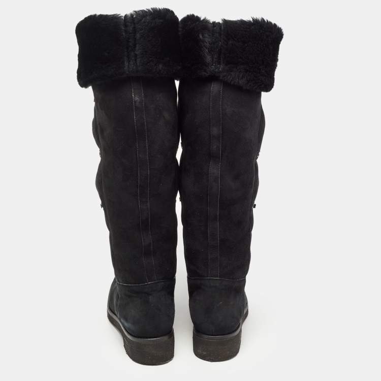 Pre Owned Loro Piana Black Suede and Fur Knee Length Flat Boots Size 40