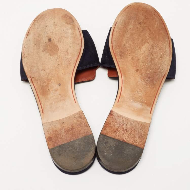 Pre Owned Loro Piana Navy Blue Suede Summer Charms Flat Slides Size 40