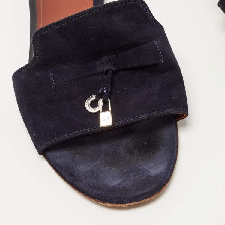 Pre Owned Loro Piana Navy Blue Suede Summer Charms Flat Slides Size 40