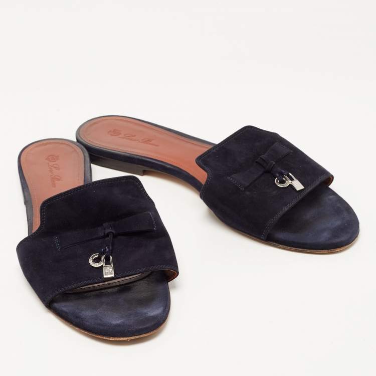 Pre Owned Loro Piana Navy Blue Suede Summer Charms Flat Slides Size 40