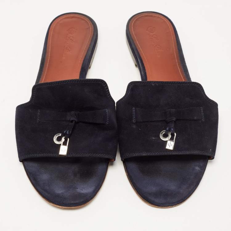 Pre Owned Loro Piana Navy Blue Suede Summer Charms Flat Slides Size 40