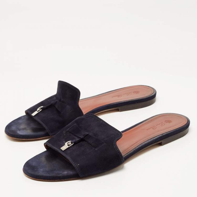 Pre Owned Loro Piana Navy Blue Suede Summer Charms Flat Slides Size 40