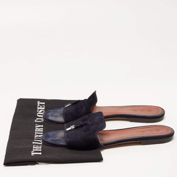 Pre Owned Loro Piana Navy Blue Suede Summer Charms Flat Slides Size 40