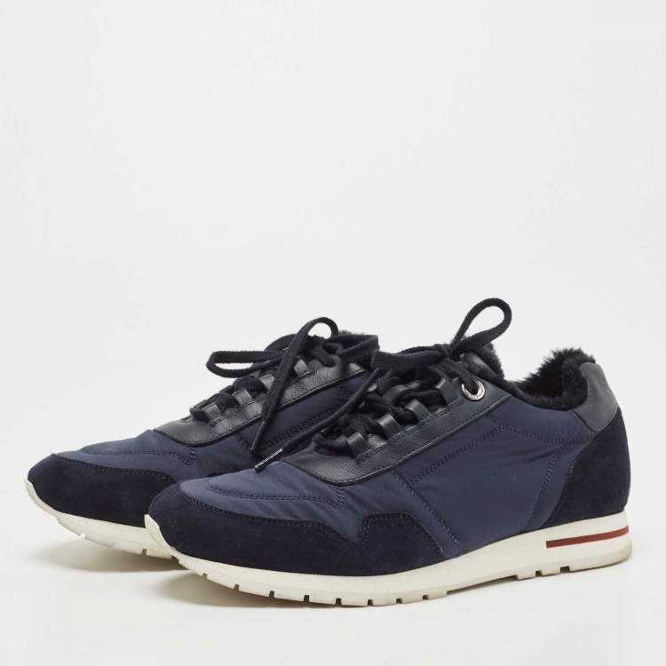 Pre Owned Loro Piana Navy Blue Suede and Neoprene Low Top Sneakers Size 38