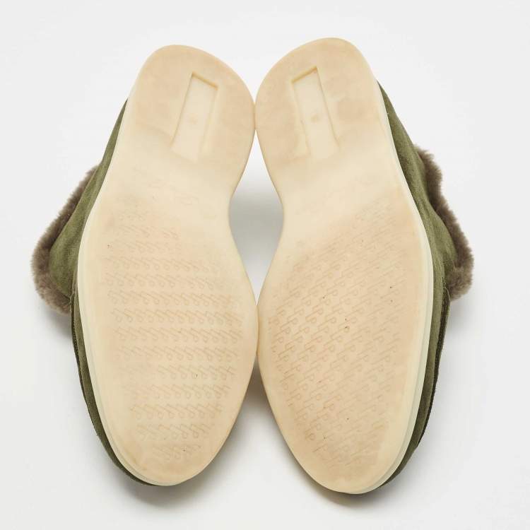 Pre Owned Loro Piana Dark Green Suede and Shearling Fur Trim Open Walk Chukka Boots Size 38