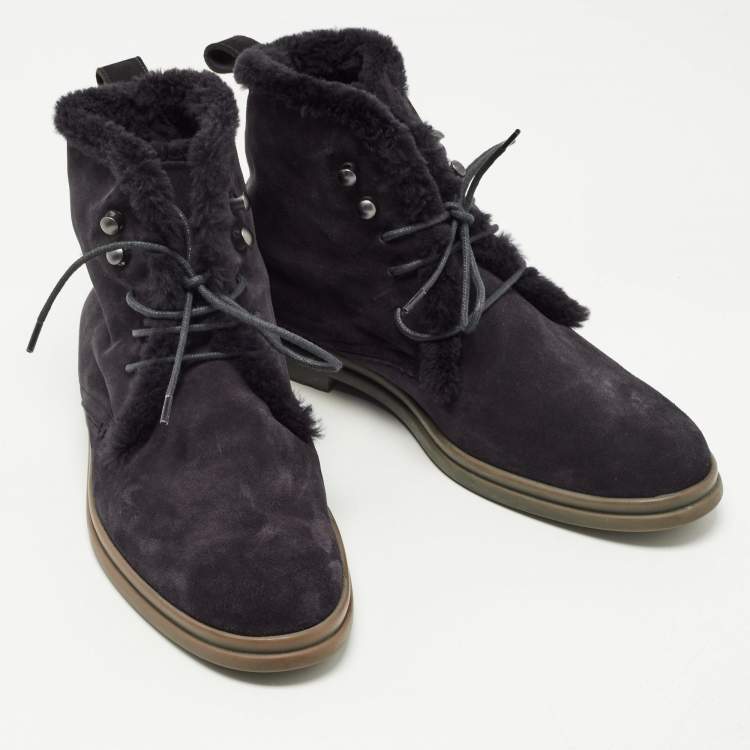 مملوكة مسبقًا Loro Piana Black Suede and Fur Open Walk Ankle Boots Size 38