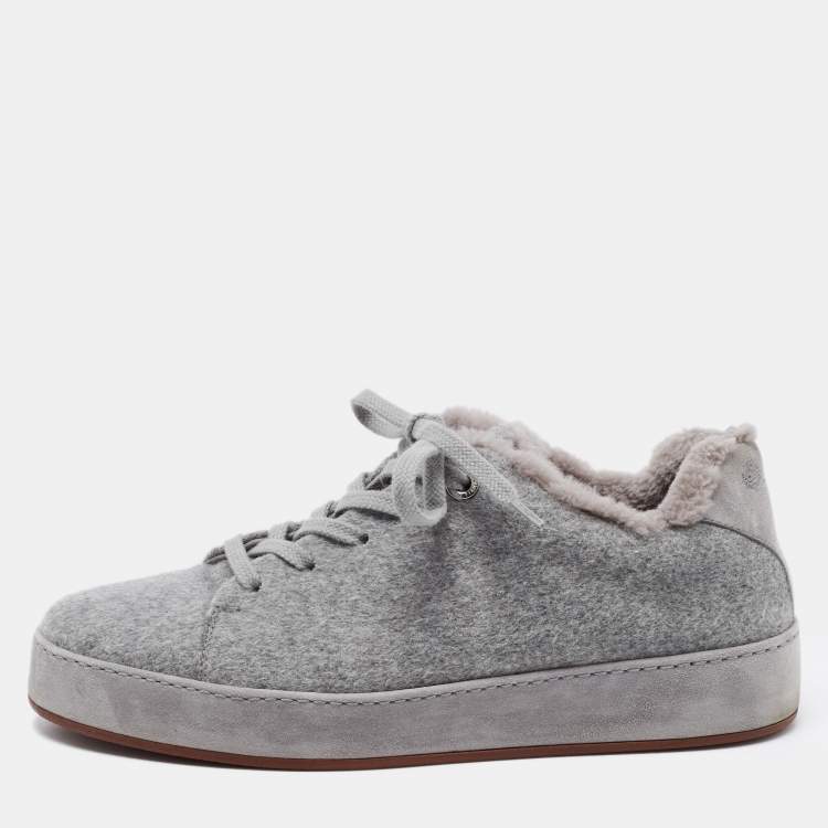 Pre Owned Loro Piana Grey Fabric and Fur Nuages Low Top Sneakers Size 38.5