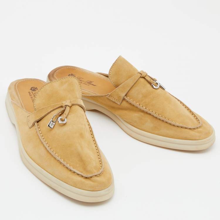 Pre Owned Loro Piana Beige Suede Babouche Charms Walk Flat Mules Size 38.5
