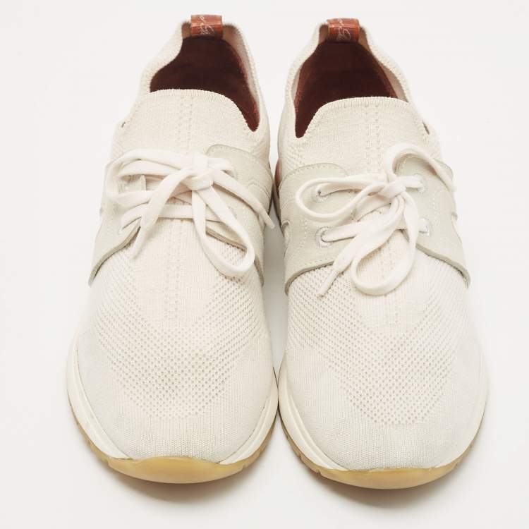 Pre Owned Loro Piana Off White/Grey Knit Fabric and Suede 360 Flexy Walker Sneakers Size 38