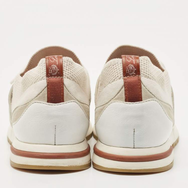 Pre Owned Loro Piana Off White/Grey Knit Fabric and Suede 360 Flexy Walker Sneakers Size 38