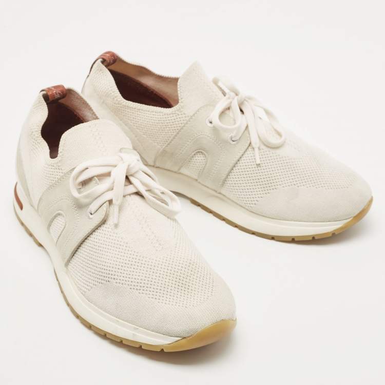 Pre Owned Loro Piana Off White/Grey Knit Fabric and Suede 360 Flexy Walker Sneakers Size 38