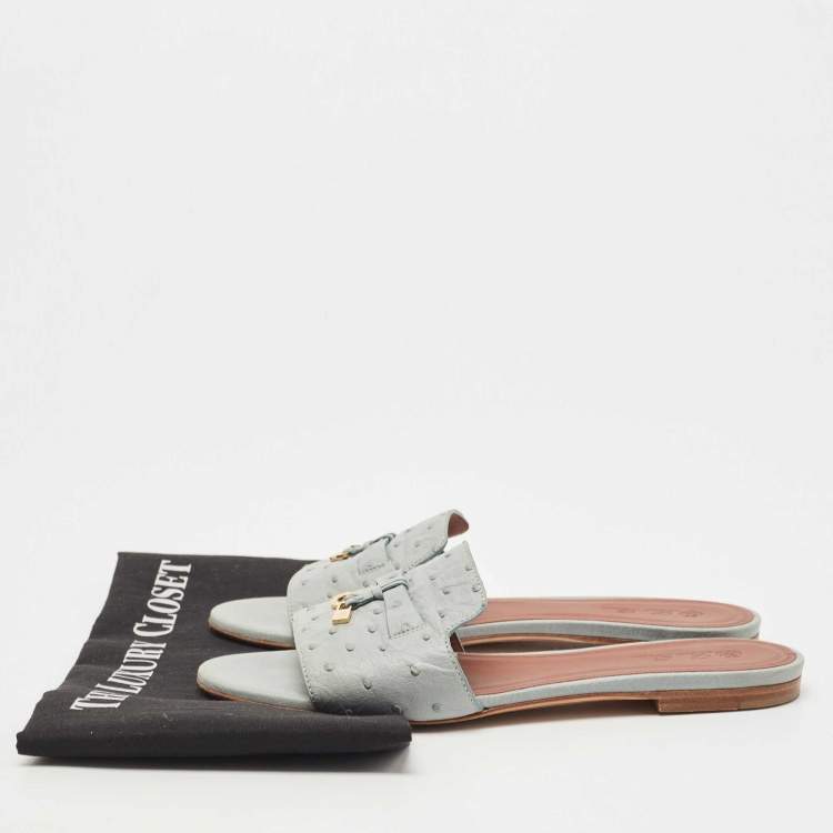Pre Owned Loro Piana Grey Embossed Ostrich Leather Summer Charms Flat Slides Size 39