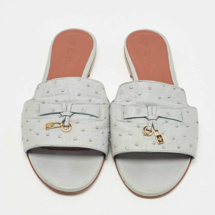 Pre Owned Loro Piana Grey Embossed Ostrich Leather Summer Charms Flat Slides Size 39