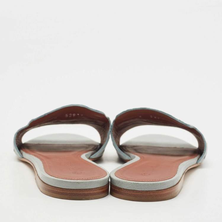 Pre Owned Loro Piana Grey Embossed Ostrich Leather Summer Charms Flat Slides Size 39