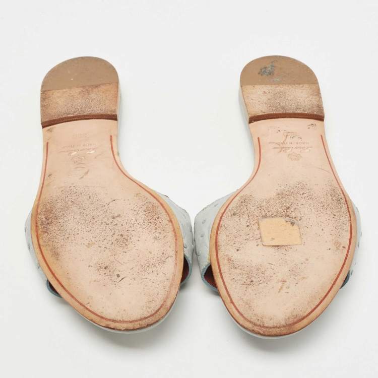 Pre Owned Loro Piana Grey Embossed Ostrich Leather Summer Charms Flat Slides Size 39