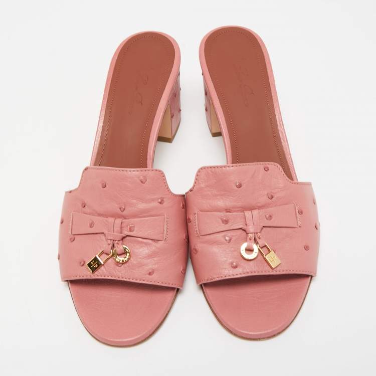 Pre Owned Loro Piana Pink Ostrich Embossed Leather Summer Charms Slide Sandals Size 37.5