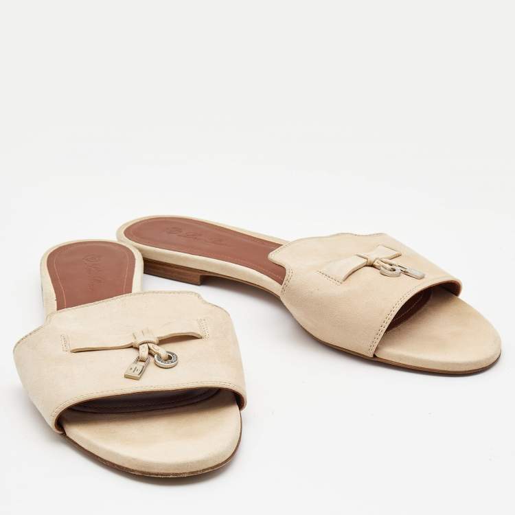 Pre Owned Loro Piana Beige Suede Summer Charms Flat Slides Size 39