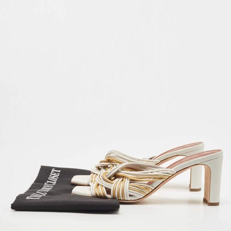 Pre Owned Loro Piana White/Gold Leather Strappy Slide Sandals Size 38