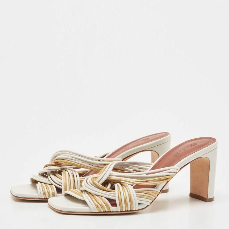 Pre Owned Loro Piana White/Gold Leather Strappy Slide Sandals Size 38