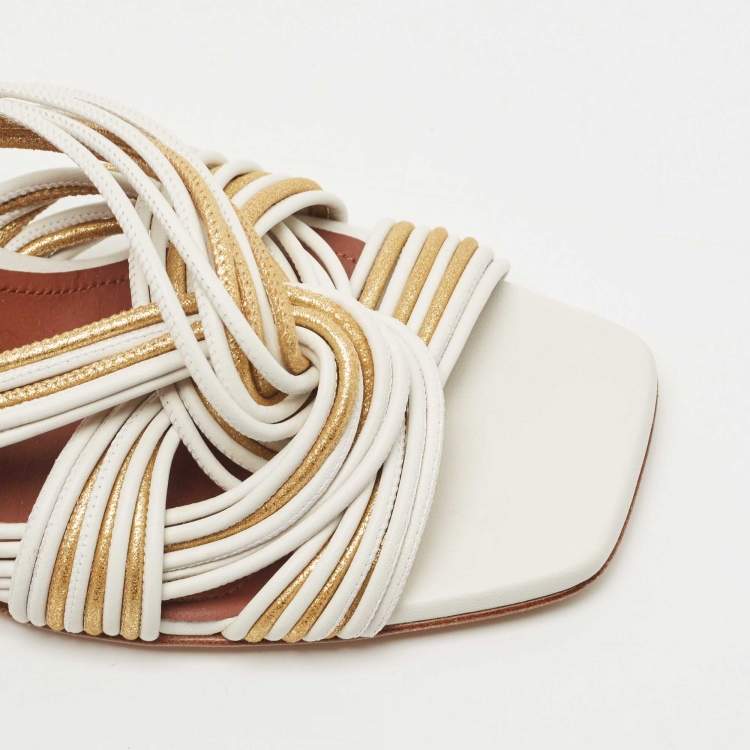 Pre Owned Loro Piana White/Gold Leather Strappy Slide Sandals Size 38