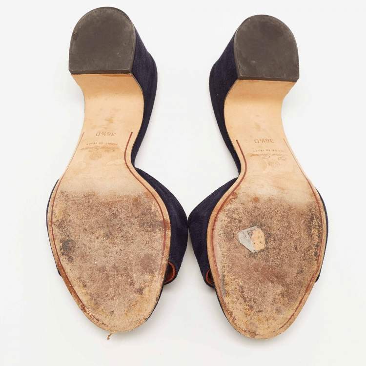 مملوكة مسبقًا Loro Piana Navy Blue Suede Summer Charms Slide Sandals Size 36.5