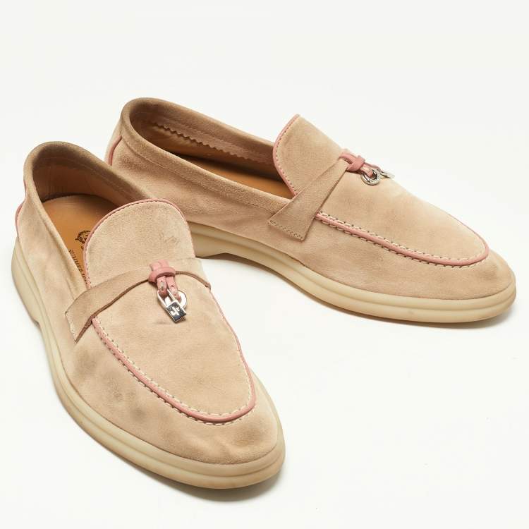 Pre Owned Loro Piana Beige/Pink Suede Summer Charms Walk Loafers Size 36.5
